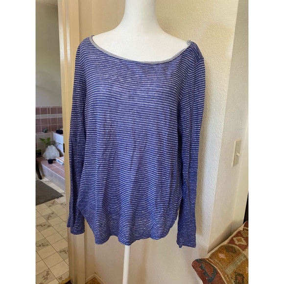 Sundance Lightweight 100% Linen Blue Striped Long Sleeve Top - Picture 1 of 5